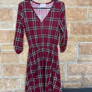 French Grey Burgundy Plaid Dress